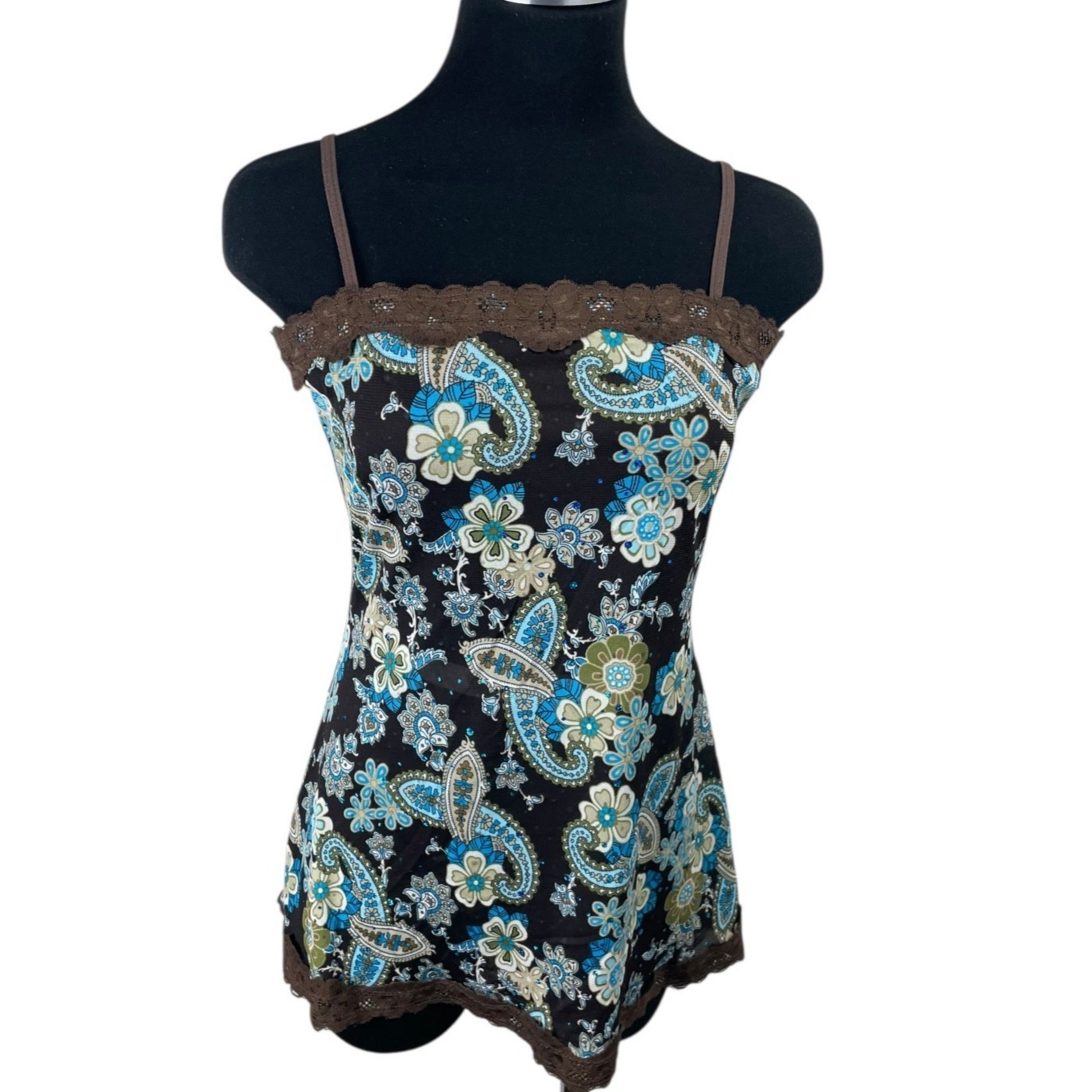Vtg Y2k Cami Tank Top Junior S Brown Floral Lace Trim Boho Fairy Festival Grunge